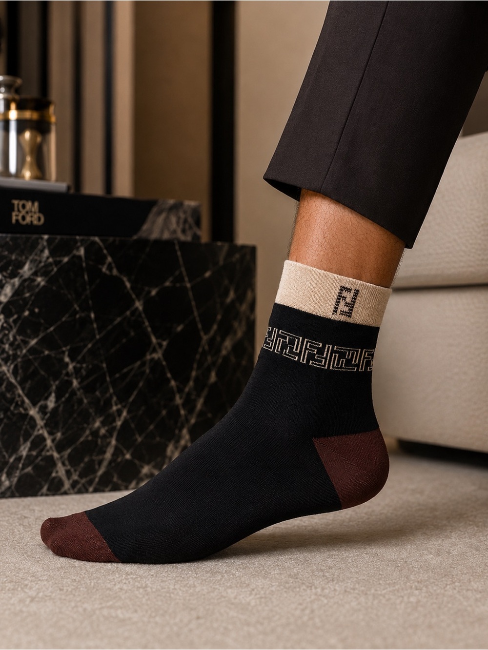 Fendi Black Crew Socks with Beige Cuff and Brown Heel/Toe